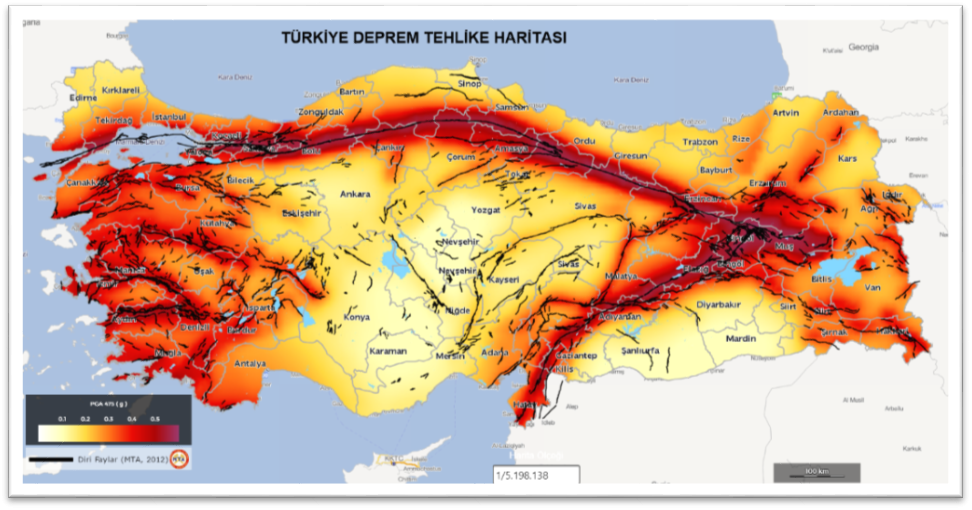 خريطة توضيحية للمدن الأكثر عرضة للزلازل في تركيا
